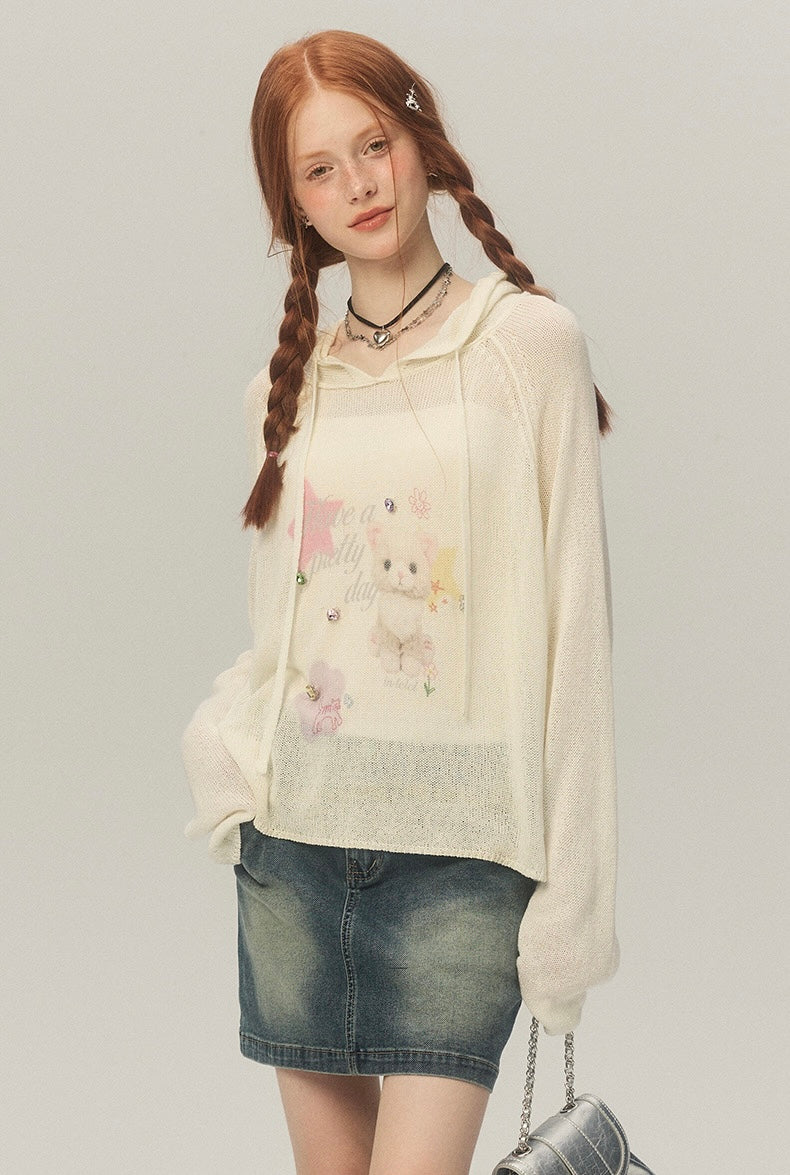 LOLOL.Original Design Sweet Girl Loose Cat Print Hooded Knit