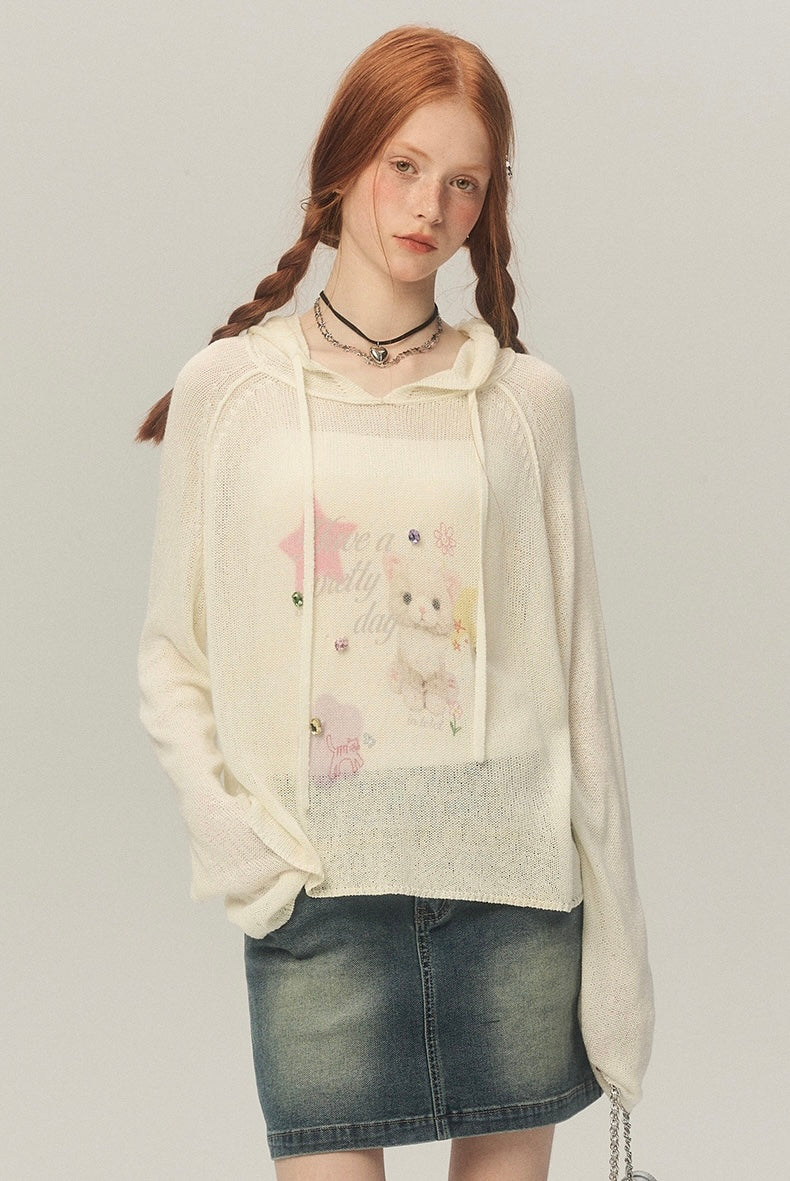 LOLOL.Original Design Sweet Girl Loose Cat Print Hooded Knit