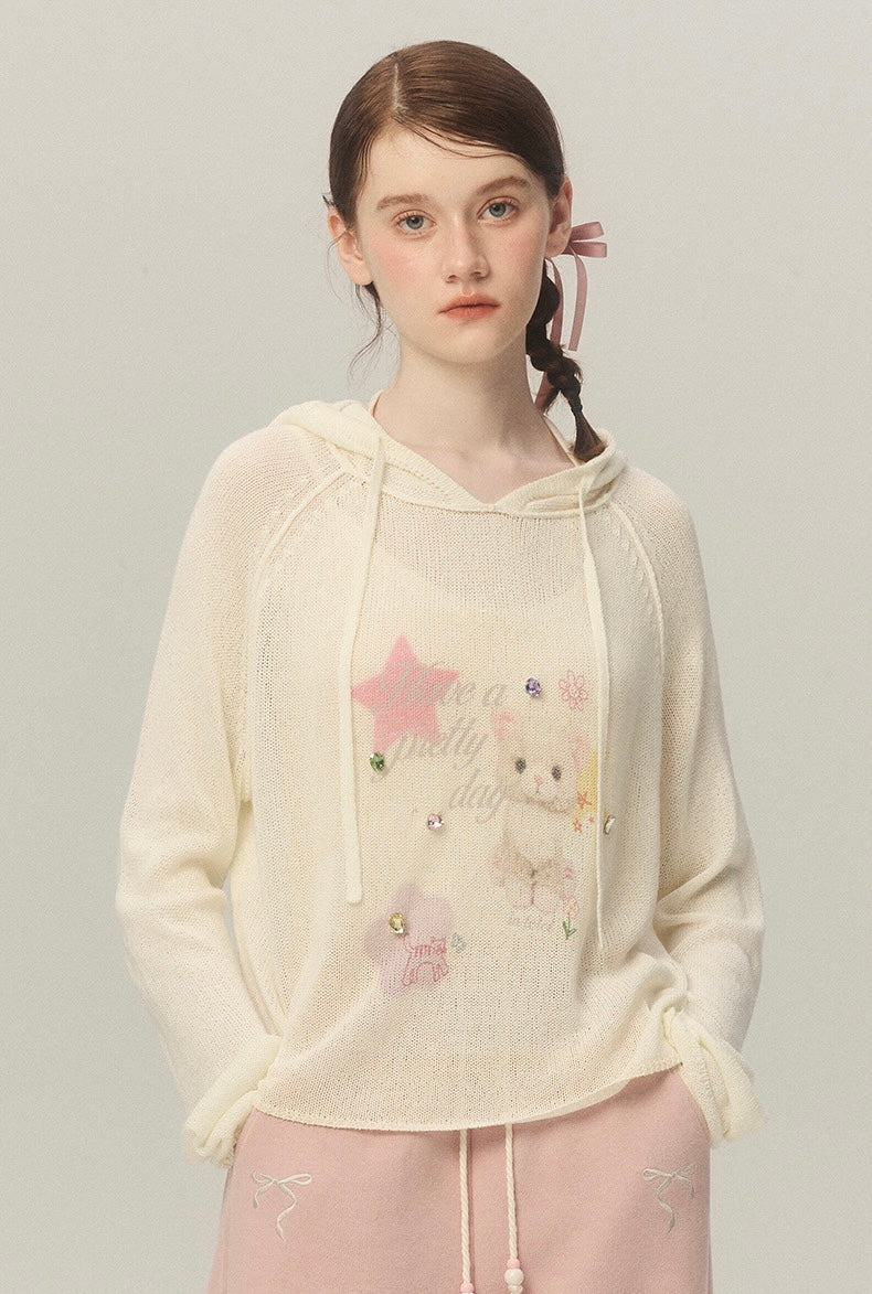 LOLOL.Original Design Sweet Girl Loose Cat Print Hooded Knit