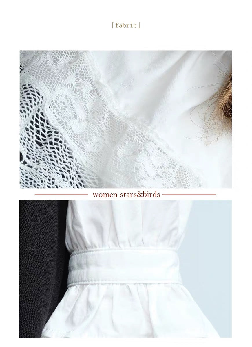 Women stars birds. Original Design Lace Ruffle Collar Pleated Shirt