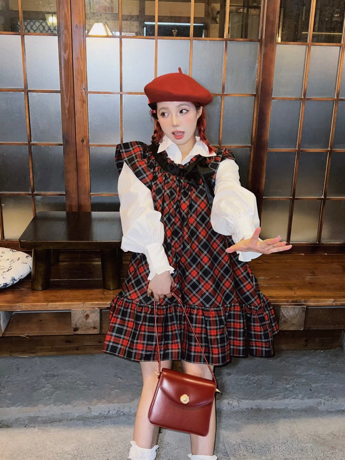 ffringe. Original Design Christmas Flying-sleeve Red Plaid Dress