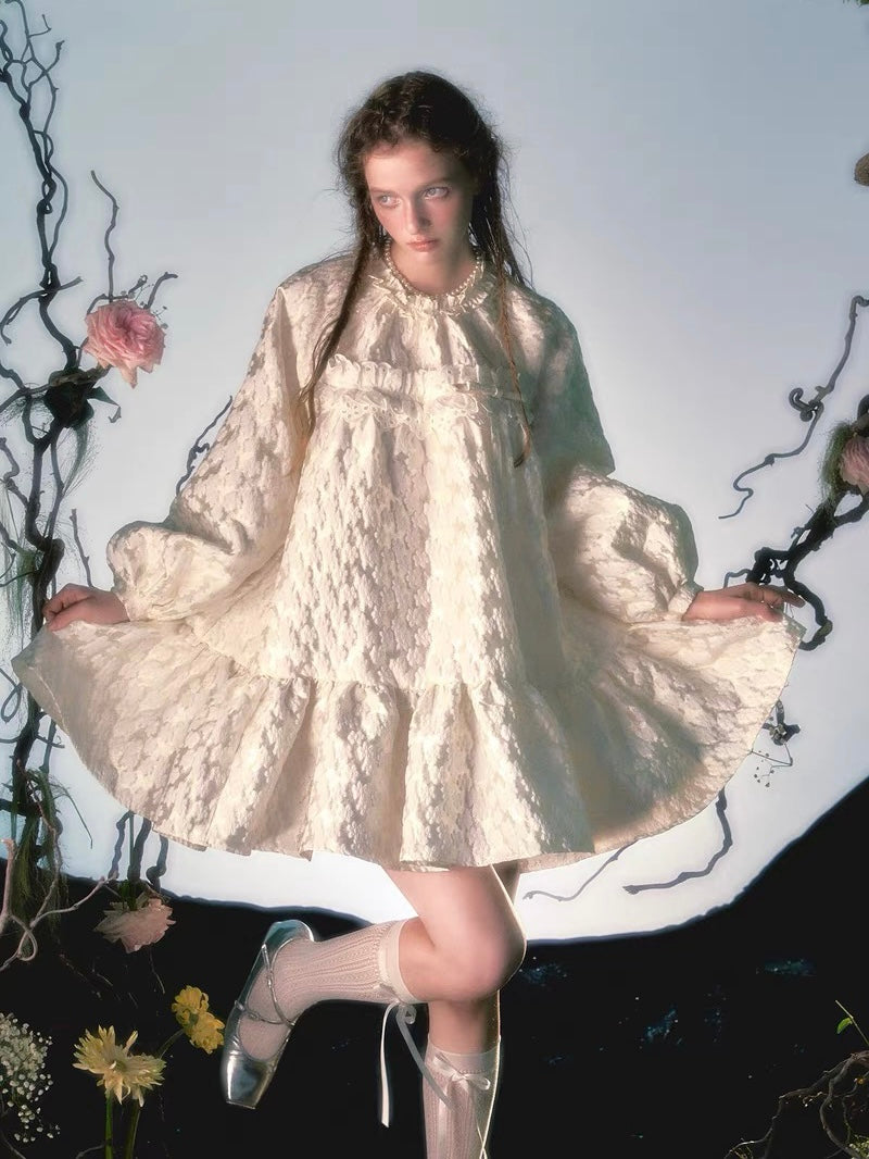 Narrator. Original Design Off-white Floral Lace Bow Loose Doll Dress