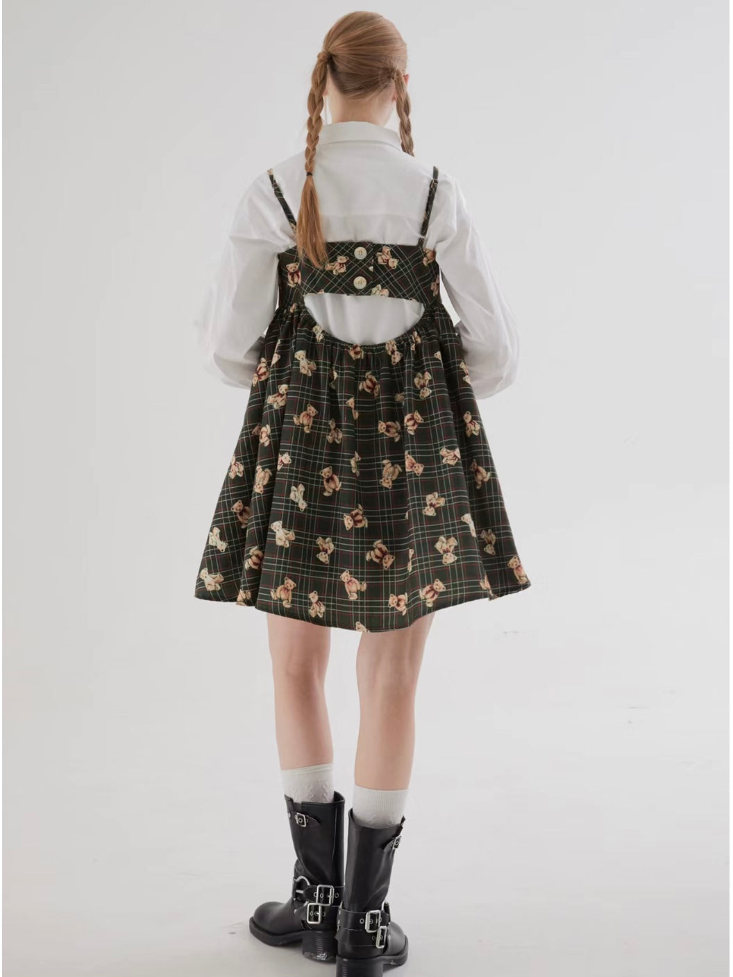 ffringe. Original Design Cute Bear&Plaid Suspender Puff Dress
