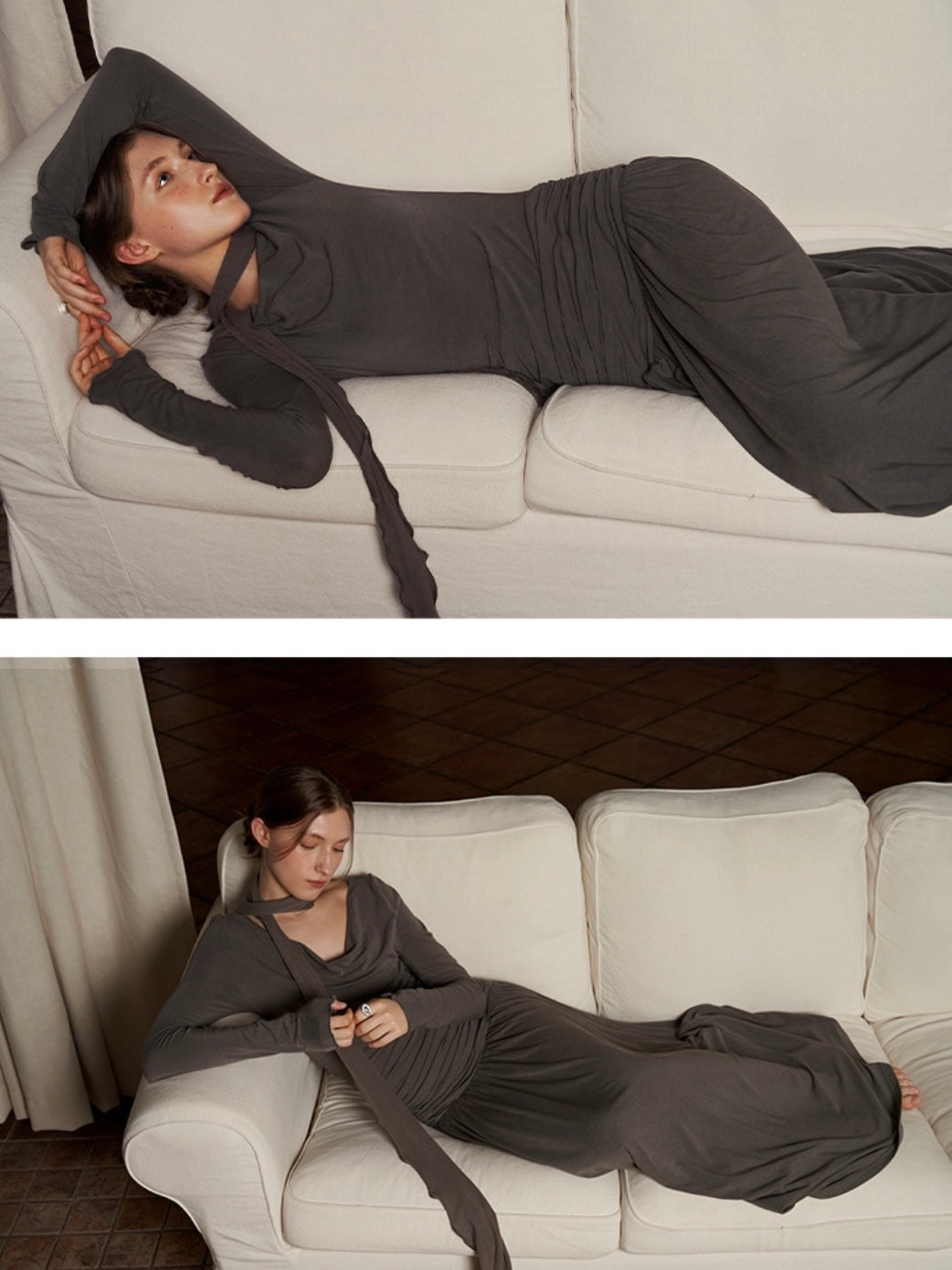 someone sometimes . Original Design Swing Collar Pleated Knitted Long Dress