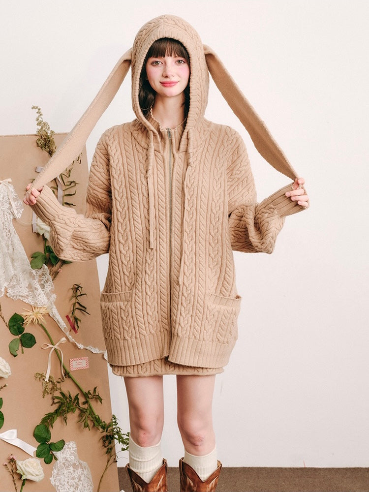 GROUP OF UNIVERSE. Original Design Hare Bunny Hooded Knitted Cardigan