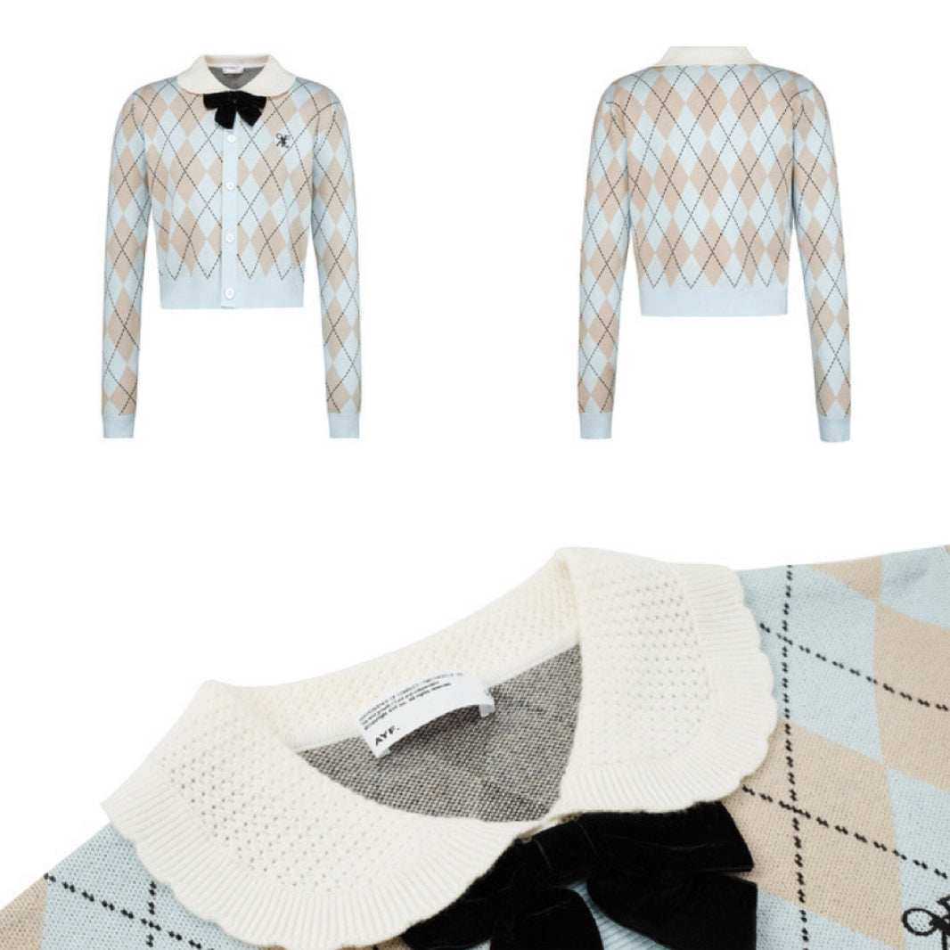 AYF. Original Design Diamond Plaid Bow Retro Sweater