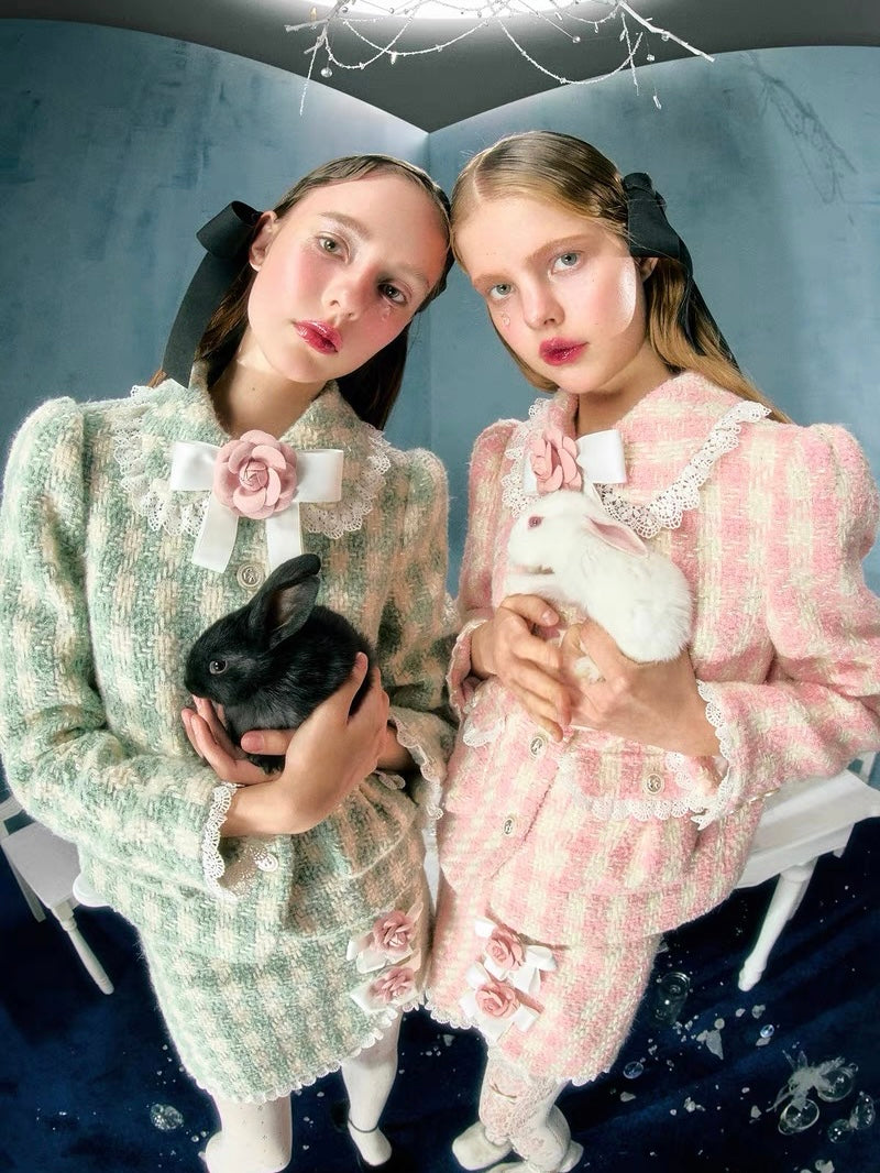 Narrator. Original Design Plaid Bow Flower Brooch Lace Woolen Short Jacket&Skirt Set-up