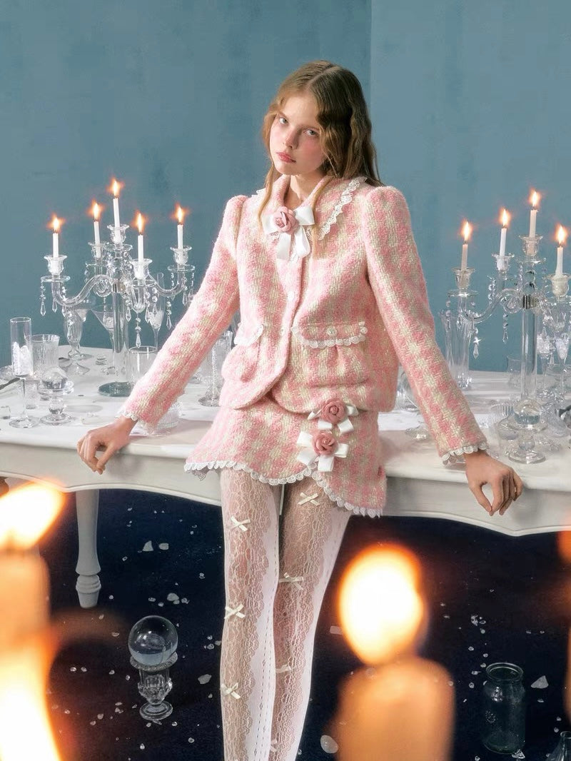 Narrator. Original Design Plaid Bow Flower Brooch Lace Woolen Short Jacket&Skirt Set-up