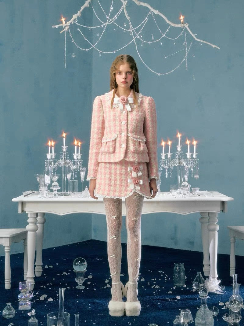 Narrator. Original Design Plaid Bow Flower Brooch Lace Woolen Short Jacket&Skirt Set-up
