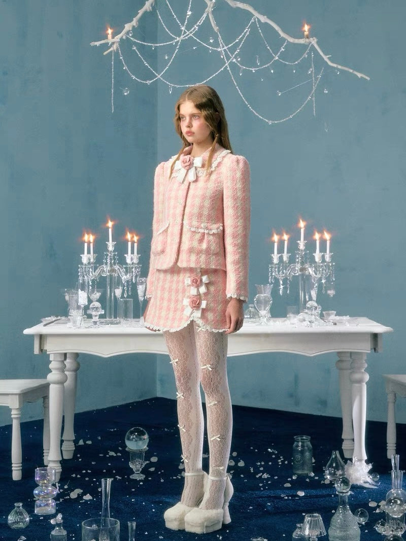 Narrator. Original Design Plaid Bow Flower Brooch Lace Woolen Short Jacket&Skirt Set-up