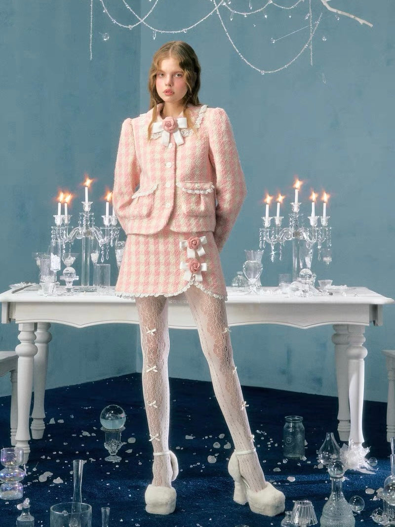 Narrator. Original Design Plaid Bow Flower Brooch Lace Woolen Short Jacket&Skirt Set-up