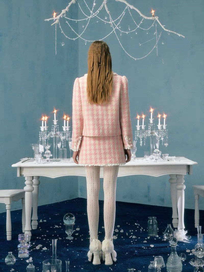 Narrator. Original Design Plaid Bow Flower Brooch Lace Woolen Short Jacket&Skirt Set-up