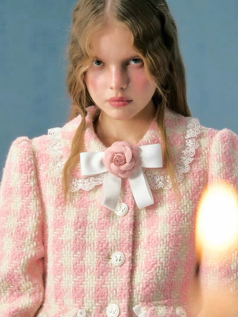 Narrator. Original Design Plaid Bow Flower Brooch Lace Woolen Short Jacket&Skirt Set-up