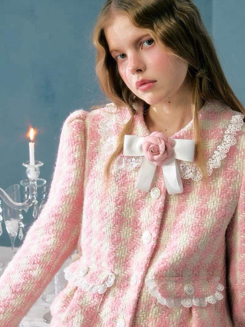 Narrator. Original Design Plaid Bow Flower Brooch Lace Woolen Short Jacket&Skirt Set-up