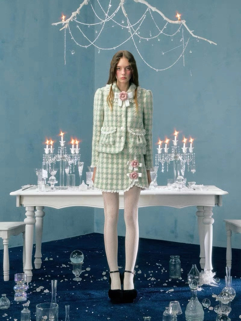 Narrator. Original Design Plaid Bow Flower Brooch Lace Woolen Short Jacket&Skirt Set-up