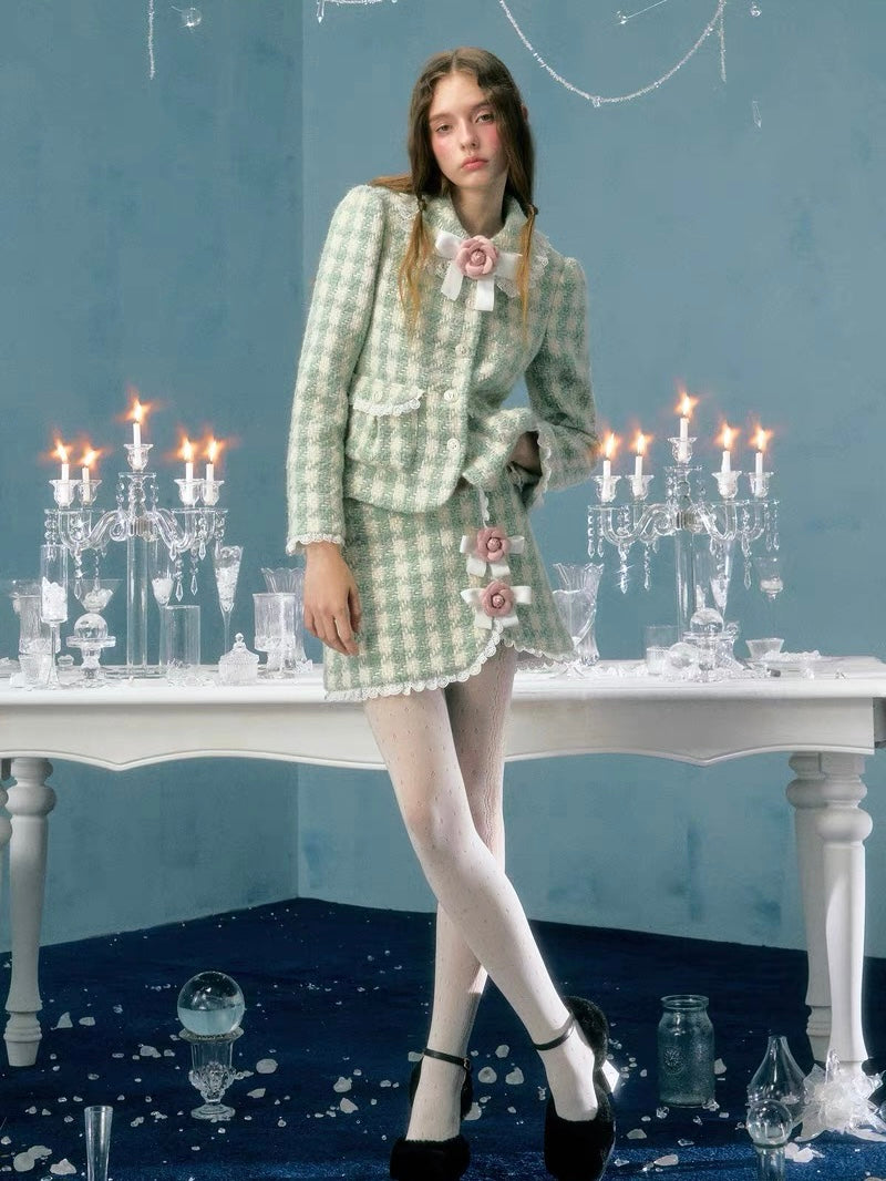 Narrator. Original Design Plaid Bow Flower Brooch Lace Woolen Short Jacket&Skirt Set-up