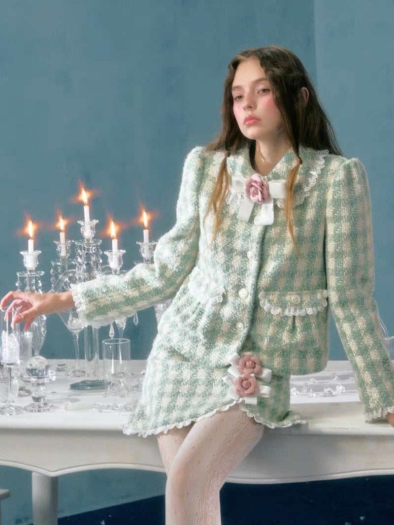Narrator. Original Design Plaid Bow Flower Brooch Lace Woolen Short Jacket&Skirt Set-up