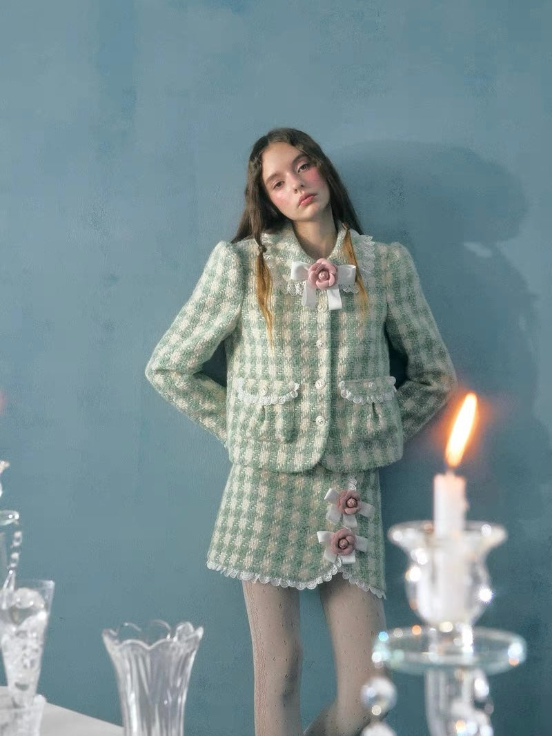 Narrator. Original Design Plaid Bow Flower Brooch Lace Woolen Short Jacket&Skirt Set-up