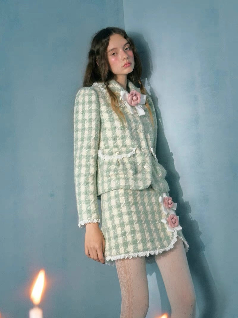 Narrator. Original Design Plaid Bow Flower Brooch Lace Woolen Short Jacket&Skirt Set-up