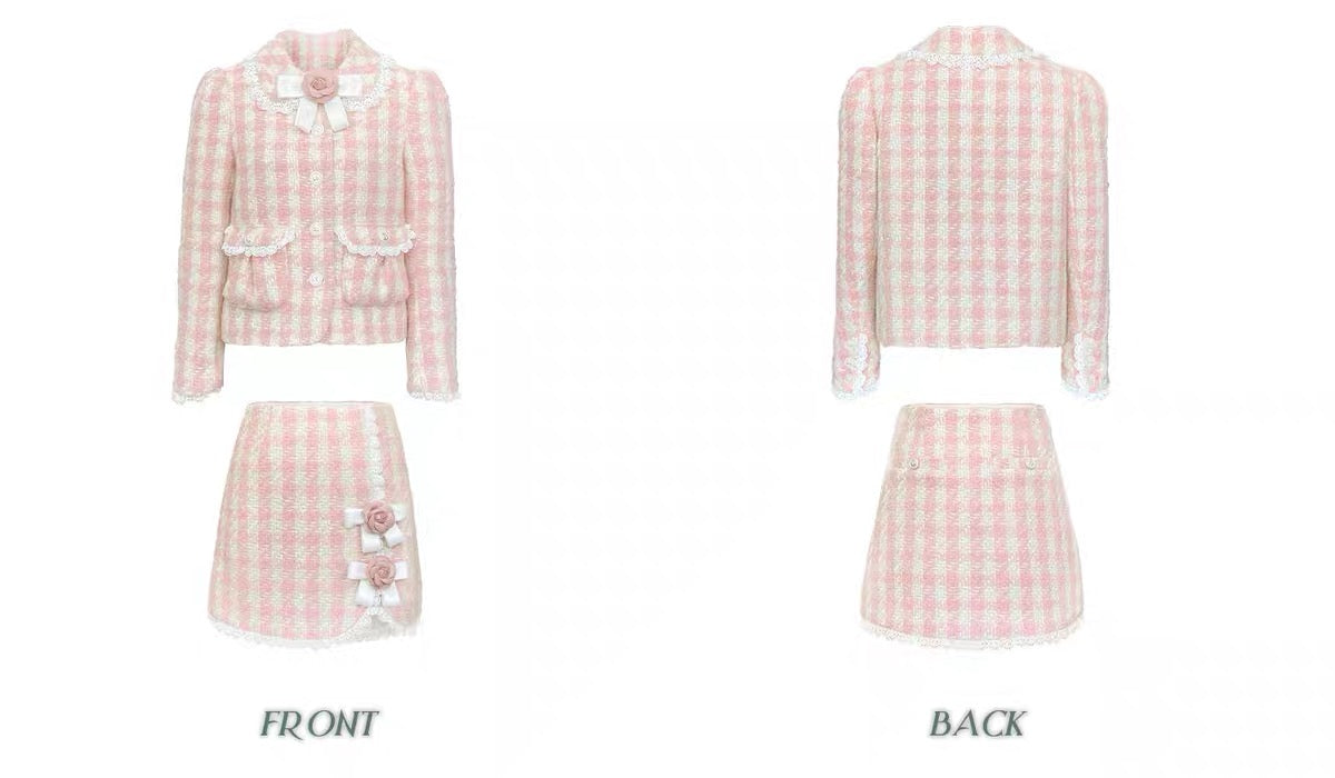 Narrator. Original Design Plaid Bow Flower Brooch Lace Woolen Short Jacket&Skirt Set-up