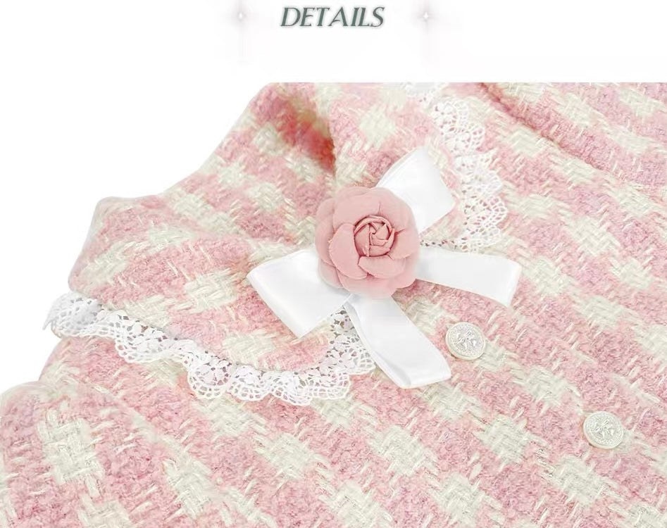 Narrator. Original Design Plaid Bow Flower Brooch Lace Woolen Short Jacket&Skirt Set-up