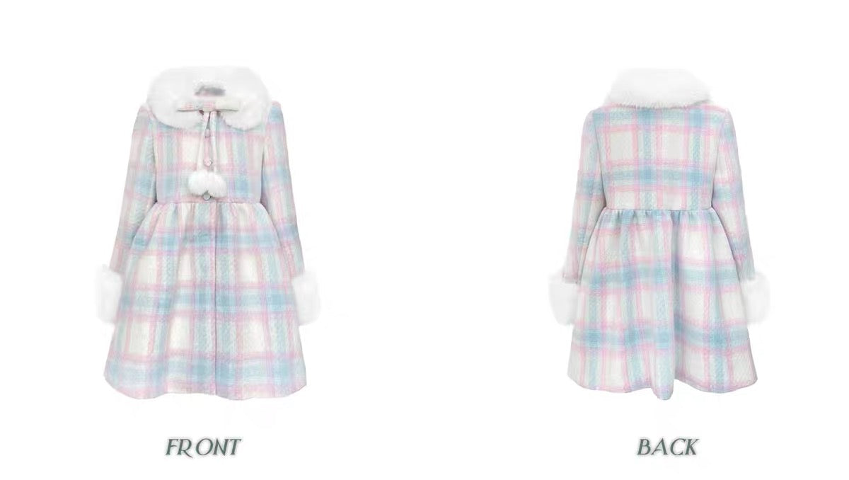 Narrator. Original Design Snow Check Pattern Fur Collar Wool Mid-Length Coat