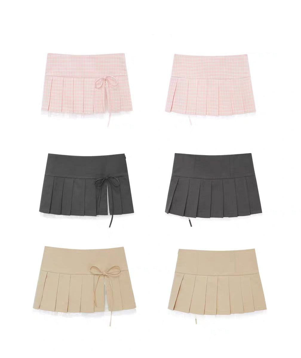 PER PEARL. Original Design Bow Slit Low Waist Pleated Skirt