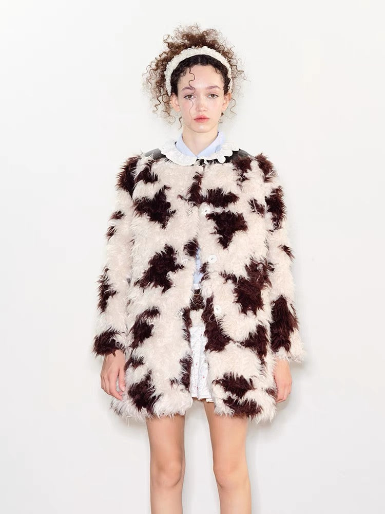 PER PEARL. Original Design Lace Frill Cow Pattern Eco Fur Coat Winter