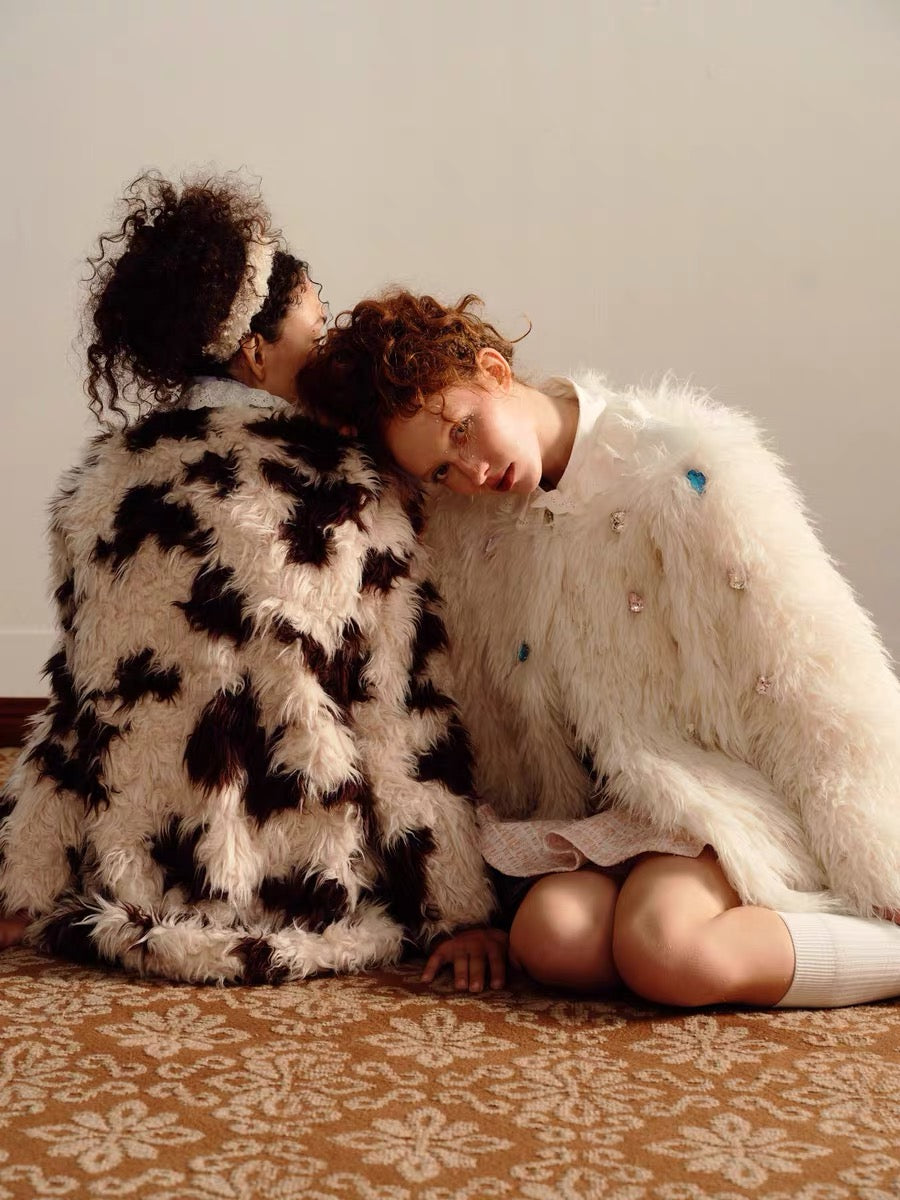 PER PEARL. Original Design Lace Frill Cow Pattern Eco Fur Coat Winter