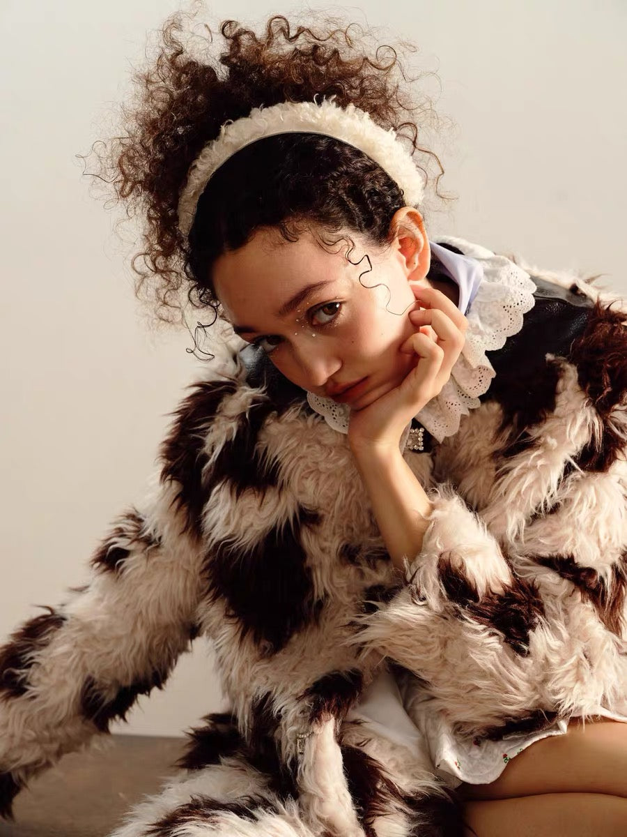PER PEARL. Original Design Lace Frill Cow Pattern Eco Fur Coat Winter