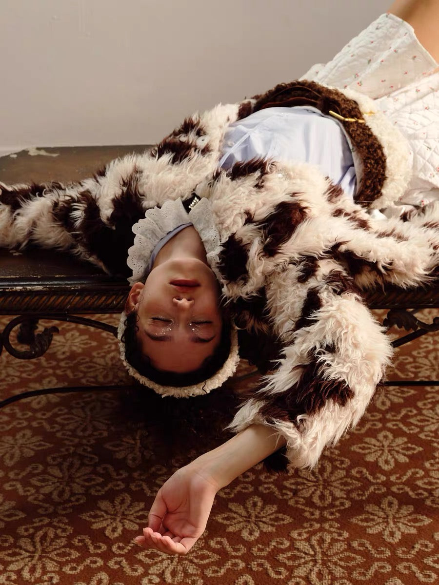 PER PEARL. Original Design Lace Frill Cow Pattern Eco Fur Coat Winter