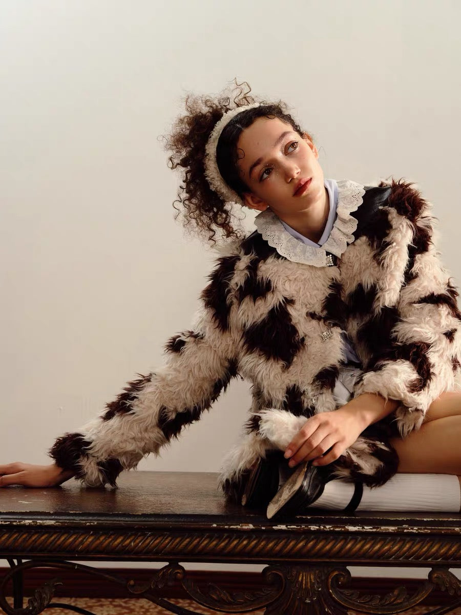 PER PEARL. Original Design Lace Frill Cow Pattern Eco Fur Coat Winter