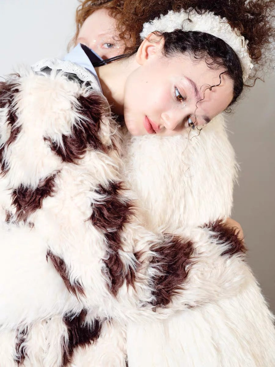 PER PEARL. Original Design Lace Frill Cow Pattern Eco Fur Coat Winter