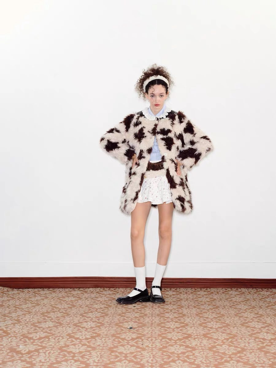 PER PEARL. Original Design Lace Frill Cow Pattern Eco Fur Coat Winter
