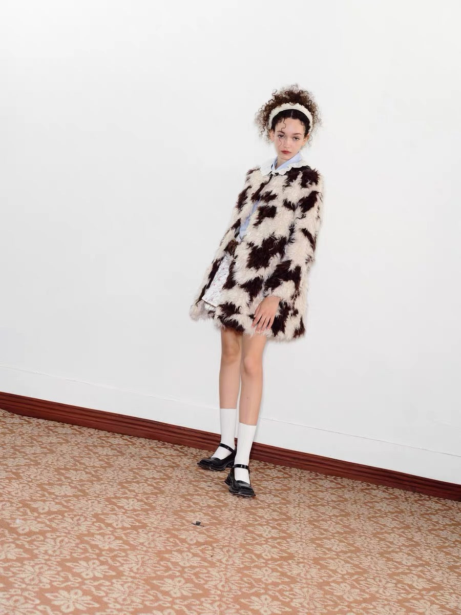 PER PEARL. Original Design Lace Frill Cow Pattern Eco Fur Coat Winter