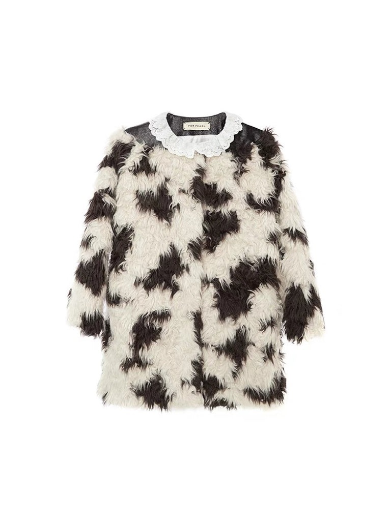 PER PEARL. Original Design Lace Frill Cow Pattern Eco Fur Coat Winter