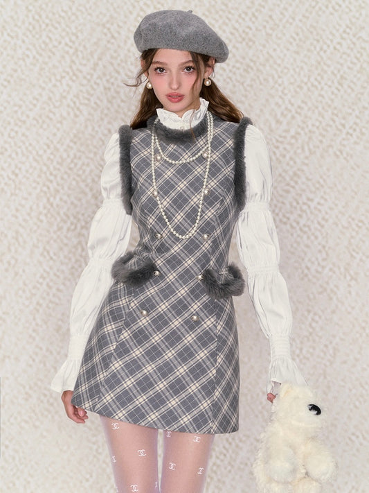 Underpass. Original Design Plaid Fluffy  Round Neck High Waist Dress Winter