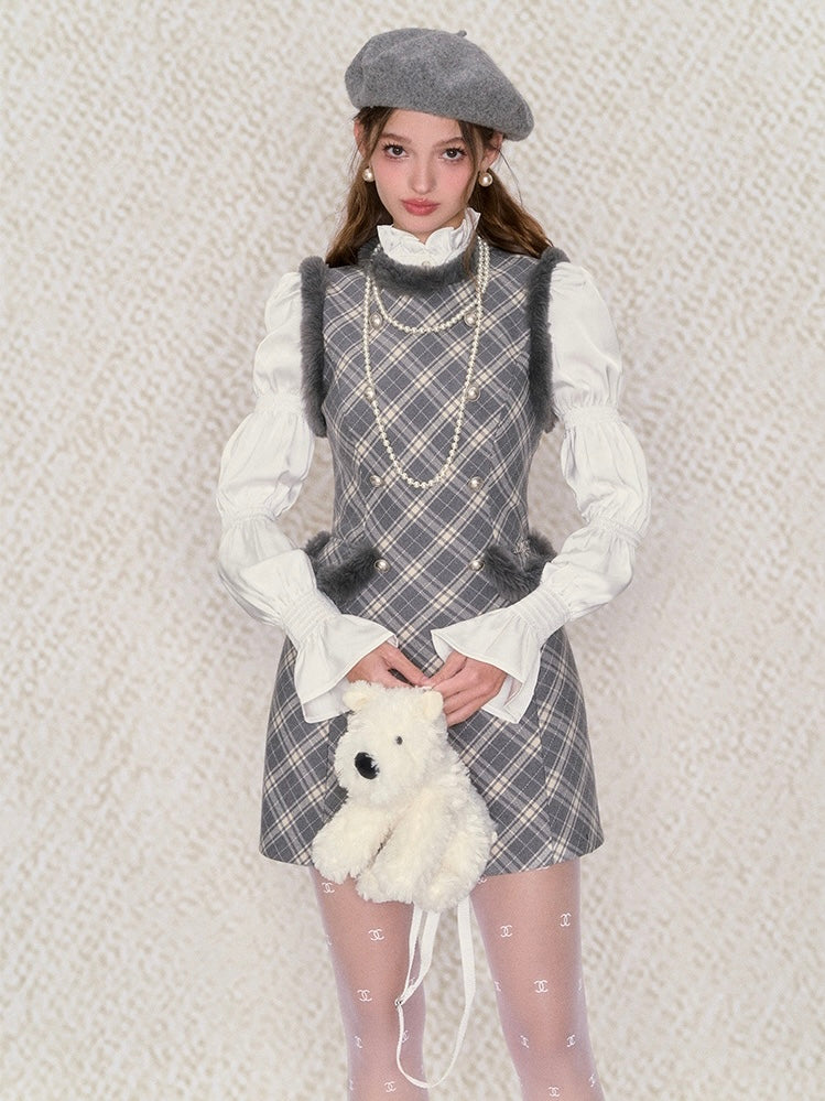 Underpass. Original Design Plaid Fluffy Round Neck High Waist Dress Winter