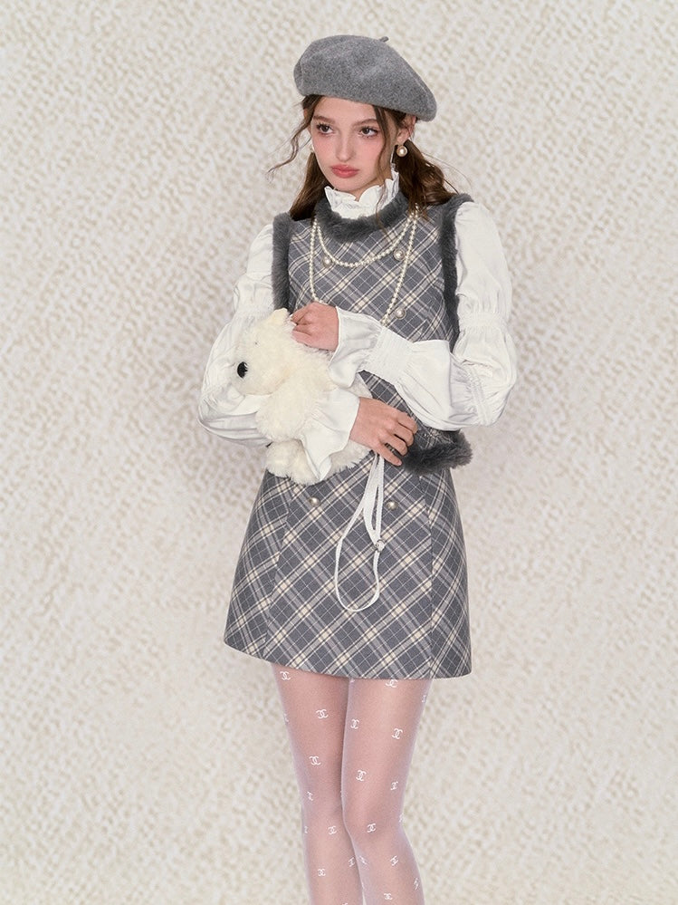 Underpass. Original Design Plaid Fluffy Round Neck High Waist Dress Winter