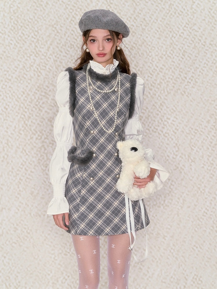 Underpass. Original Design Plaid Fluffy Round Neck High Waist Dress Winter