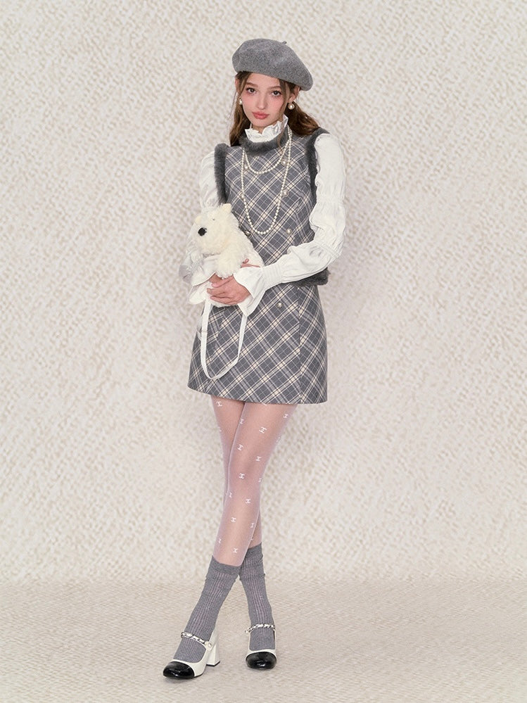 Underpass. Original Design Plaid Fluffy Round Neck High Waist Dress Winter