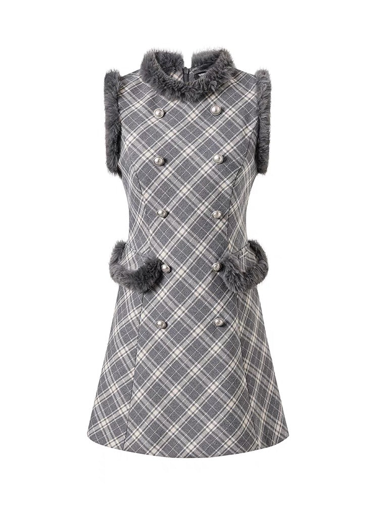 Underpass. Original Design Plaid Fluffy Round Neck High Waist Dress Winter