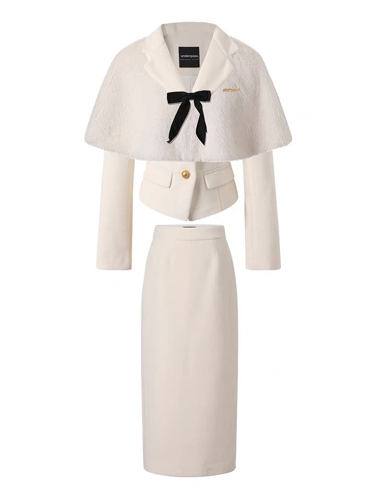 Underpass. Original Design White Bow Fur Cape Tie Waist Long Skirt Suit Winter