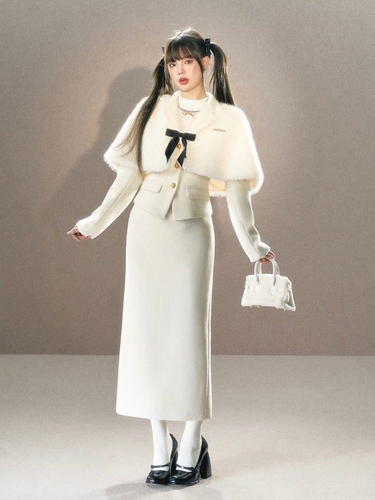 Underpass. Original Design White Bow  Fur Cape Tie Waist Long Skirt Suit Winter