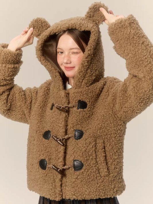LOLOL.Original Design Hooded Horn Button Short Lambs Wool Coat