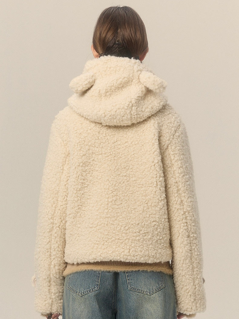LOLOL.Original Design Hooded Horn Button Short Lambs Wool Coat