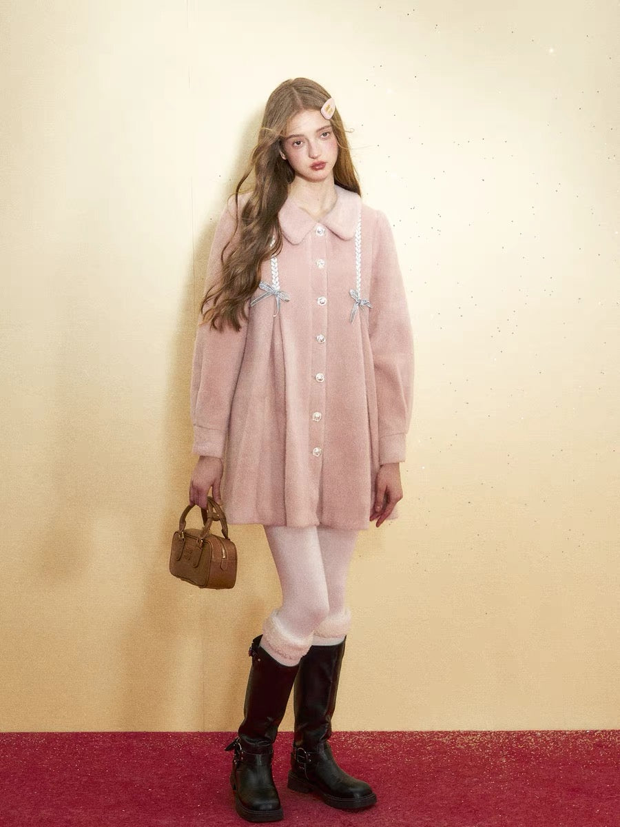 RECIT. Original Design Pink Doll Collar Bow Girly Woolen Mid-length Coat Winter