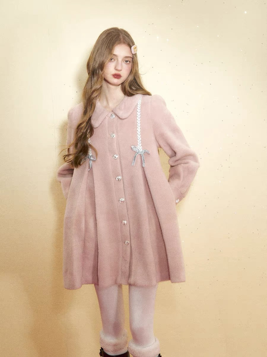 RECIT. Original Design Pink Doll Collar Bow Girly Woolen Mid-length Coat Winter