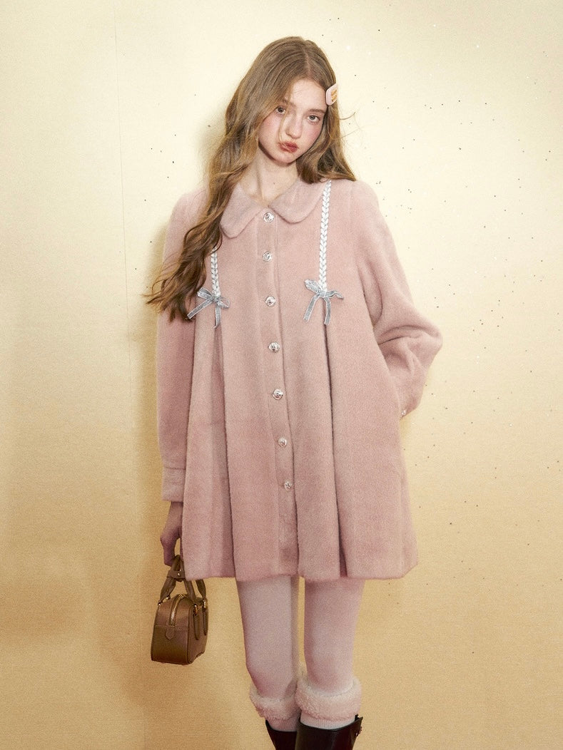 RECIT. Original Design Pink Doll Collar Bow Girly Woolen Mid-length Coat Winter