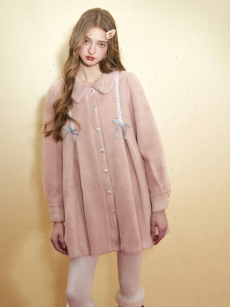 RECIT. Original Design Pink Doll Collar Bow Girly Woolen Mid-length Coat Winter